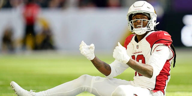 Arizona Cardinals wide receiver DeAndre Hopkins reacts after an incomplete pass against the Minnesota Vikings, Oct. 30, 2022, in Minneapolis.