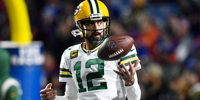 Green Bay Packers quarterback Aaron Rodgers looks on before the game against the Buffalo Bills, Oct. 30, 2022, in Orchard Park, New York.