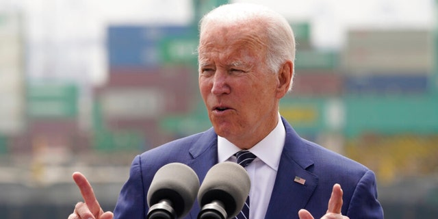 President Biden speaks at a press conference in Los Angeles. 