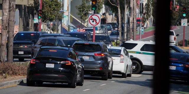 Pelosi's motorcade arriving at Zuckerberg San Francisco General Hospital on Sunday. 