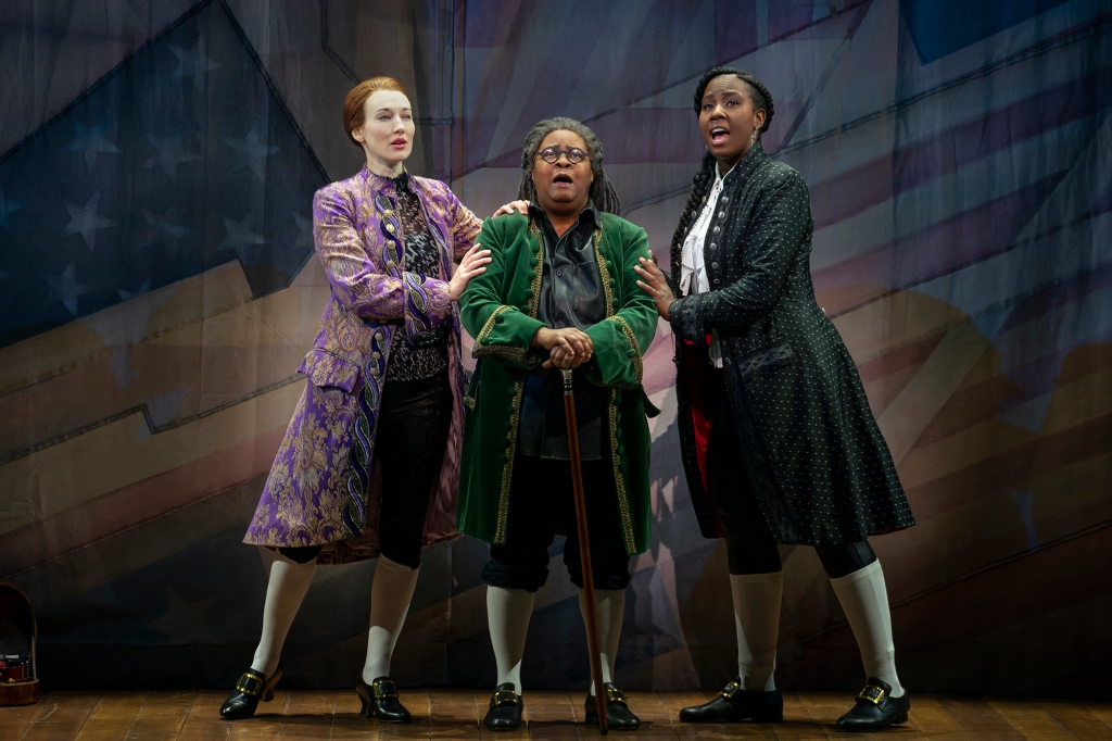 Jeffersoon (Elizabeth A. Davis), Franklin (Patrena Murray) and Adams (Crystal Lucas-Perry) sing "The Egg," about their hatchling nation. 