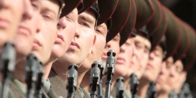 Russian soldiers train for the military parade in Moscow, April 8, 2010. The 65th anniversary of the victory over Nazi Germany in 1945 Russia will mark by a military parade in Red Square in Moscow on May 9.  Reuters/Alexander Natruskin.