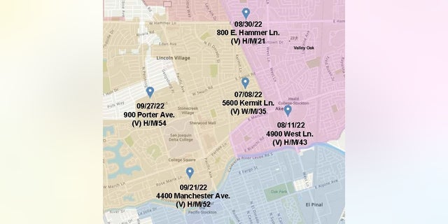 Photo provided by Stockton Police Department shows a map showing the locations of each of the five murders. 