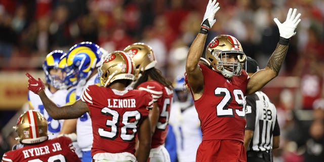 Safety Talanoa Hufanga #29 of the San Francisco 49ers celebrates after a Los Angeles Rams fumble during the fourth quarter at Levi's Stadium on October 03, 2022 in Santa Clara, California.