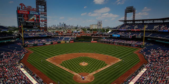 A view of the field and the skyline of Philadelphia during a game between the St. Louis Cardinals and the Philadelphia Phillies at Citizens Bank Park June 22, 2017, in Philadelphia.