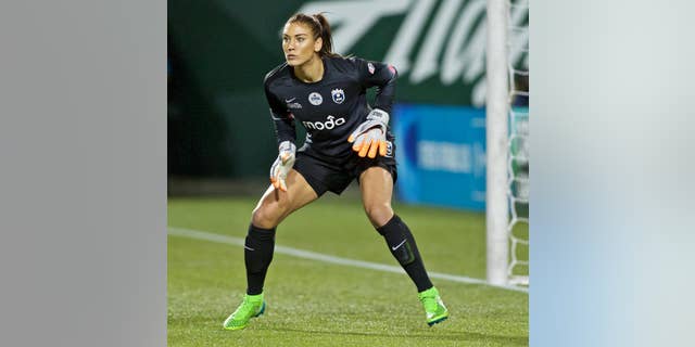 FILE - Seattle Reign FC goalkeeper Hope Solo is shown during the National Women's Soccer League championship match in Portland, Oregon, on Oct. 1, 2015.