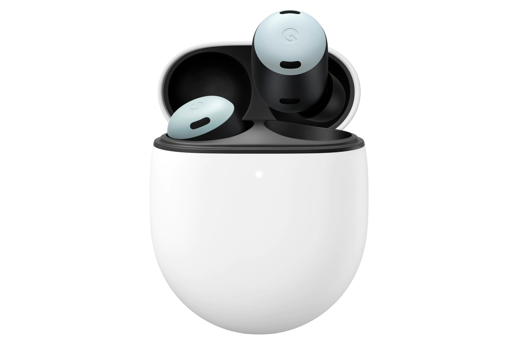 Mint green earbuds in a white case