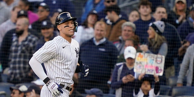 Judge comes off the field after grounding out in the ninth inning of Game 2 of the American League Division Series against the Cleveland Guardians in New York on Friday.