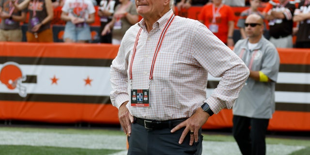 Cleveland Browns owner Jimmy Haslam watches after the New York Jets recovered an onside kick during the second half of their NFL game in Cleveland, Ohio, on Sept. 18, 2022.