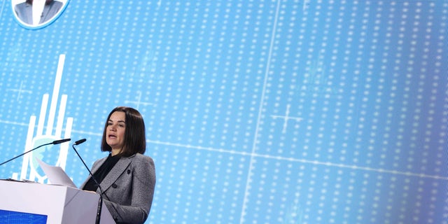 Belarus exiled opposition leader Sviatlana Tsikhanouskaya delivers a speech at the Warsaw Security Forum in Warsaw, Poland, Wednesday, Oct. 5, 2022.