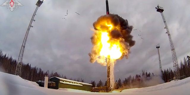 This photo taken from video provided by the Russian Defense Ministry Press Service on Feb. 19, 2022, shows a Yars intercontinental ballistic missile.