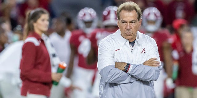 Alabama head coach Nick Saban looks toward the Texas A&amp;M side in warmups before a game Oct. 8, 2022, in Tuscaloosa, Ala. 