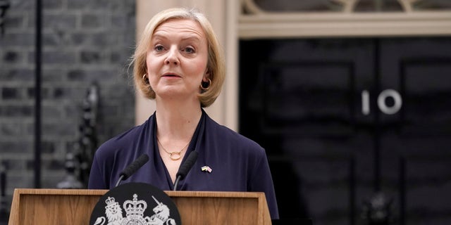 Britain's Prime Minister Liz Truss addresses the media in Downing Street in London, Thursday, Oct. 20, 2022.