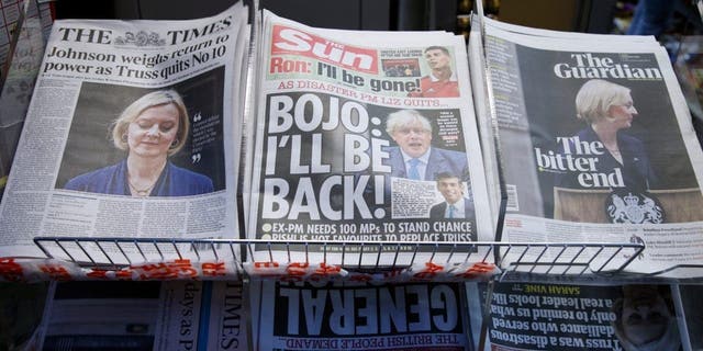 A selection of the front pages of British national newspapers showing the reaction the resignation of Prime Minister Liz Truss in London, Friday, Oct. 21, 2022. 