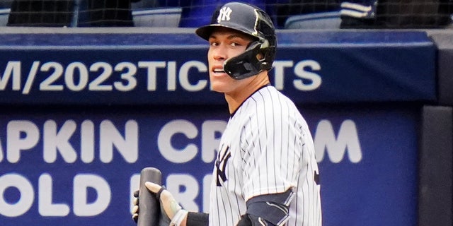 New York Yankees' Aaron Judge reacts after striking out during the seventh inning of a baseball game against the Baltimore Orioles, Sunday, Oct. 2, 2022, in New York. 