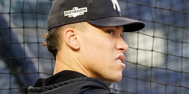 The New York Yankees' Aaron Judge bats during a workout ahead of Game 1 of baseball's American League Division Series against the Cleveland Guardians Monday, Oct. 10, 2022, in New York. 