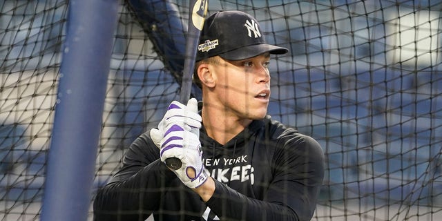 The New York Yankees' Aaron Judge bats during a workout ahead of Game 1 of baseball's American League Division Series against the Cleveland Guardians, Monday, Oct. 10, 2022, in New York. 