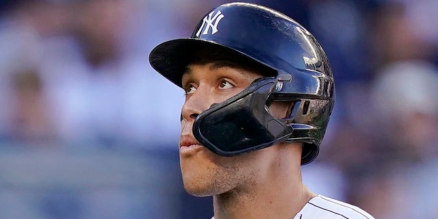 Judge reacts after striking out in the seventh inning of Game 2 of the American League Division Series against the Cleveland Guardians in New York on Friday.