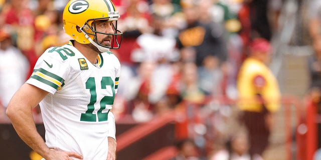 Green Bay Packers quarterback Aaron Rodgers, #12, reacts after an incomplete pass against the Washington Commanders during the second quarter at FedExField Oct. 23, 2022 in Landover, Maryland.