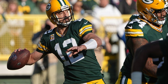 Green Bay Packers quarterback Aaron Rodgers, #12, throws a pass during the second quarter of their game against the New England Patriots on Sunday, Oct. 2, 2022 at Lambeau Field in Green Bay, Wisconsin. 