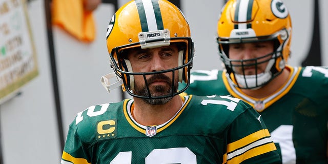 Green Bay Packers quarterback Aaron Rodgers, #12, walks out onto the field against the Tampa Bay Buccaneers at Raymond James Stadium Sept. 25, 2022 in Tampa, Florida.