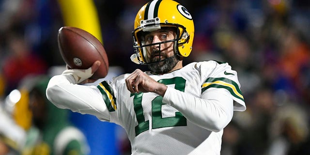 Green Bay Packers quarterback Aaron Rodgers warms up before the game against the Buffalo Bills, Oct. 30, 2022, in Orchard Park, New York.