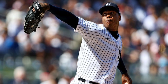 Aroldis Chapman in action against the Kansas City Royals at Yankee Stadium on July 30, 2022, in New York City.