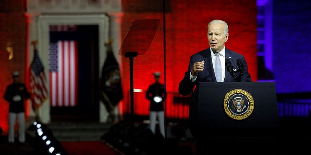 U.S. President Joe Biden delivers remarks on what he calls the "continued battle for the Soul of the Nation" in front of Independence Hall at Independence National Historical Park, Philadelphia, U.S., September 1, 2022. REUTERS/Jonathan Ernst