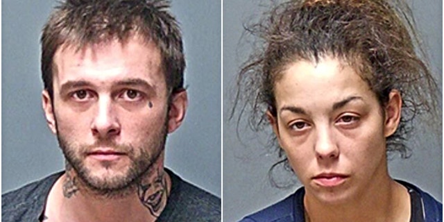 Adam Montgomery (left) and Kayla Montgomery (right) in booking photos after their arrests in January. 