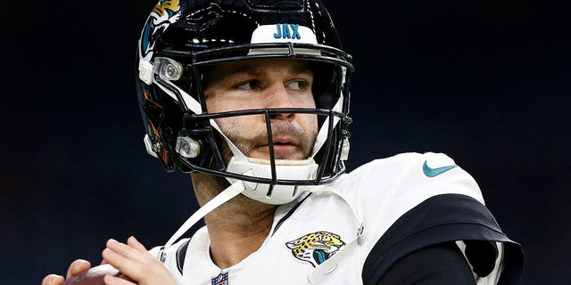 Blake Bortles, #5 of the Jacksonville Jaguars, warms up before the game against the Houston Texans at NRG Stadium on Dec. 30, 2018 in Houston.