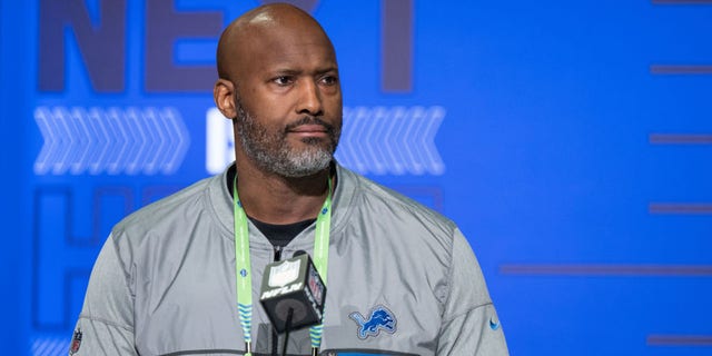 Detroit Lions general manager Brad Holmes answers questions from the media during the NFL Scouting Combine March 1, 2022, at the Indiana Convention Center in Indianapolis.