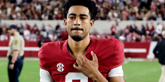 Oct 8, 2022; Tuscaloosa, Alabama, USA;  Alabama Crimson Tide quarterback Bryce Young (9) walks off the field after a Crimson Tide victory over the Texas A&amp;M Aggies at Bryant-Denny Stadium.