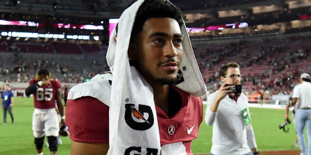 Sep 24, 2022; Tuscaloosa, Alabama, USA;  Alabama Crimson Tide quarterback Bryce Young (9) leaves the field after defeating the Vanderbilt Commodores at Bryant-Denny Stadium.