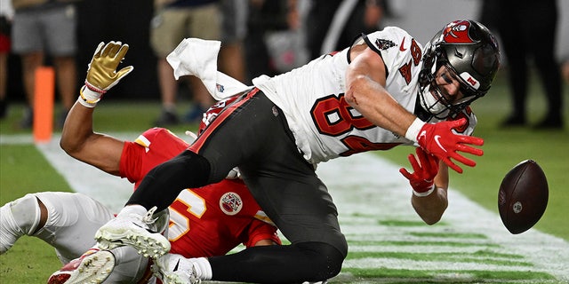 Tampa Bay Buccaneers tight end Cameron Brate misses a catch during the first half of the game against the Kansas City Chiefs on Sunday in Tampa, Florida.