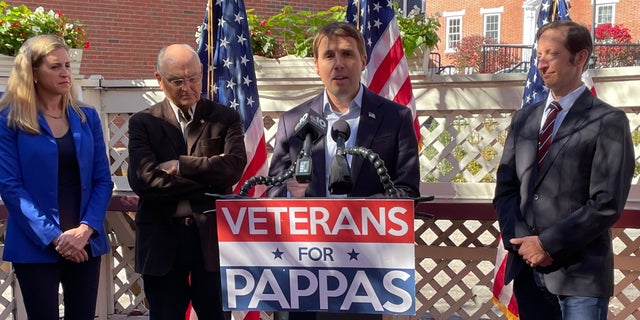 Two-term Democratic Rep. Chris Pappas, who's running for re-election in New Hampshire's First Congressional District, is endorsed by a group of veterans, on Oct. 19, 2022 in Portsmouth, N.H. 