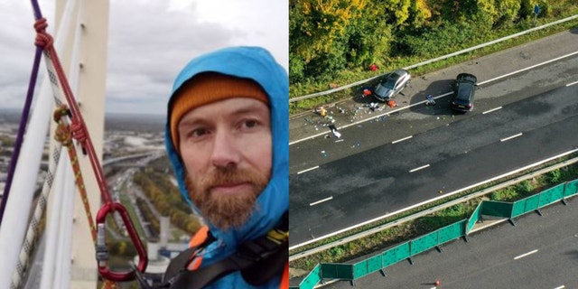 (L) Climate protester Morgan Trowland; (R) Crash scene that left two dead