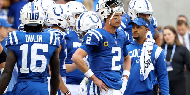 Matt Ryan (2) of the Indianapolis Colts looks on during warmups before a game against the Tennessee Titans at Lucas Oil Stadium on Oct. 2, 2022, in Indianapolis.