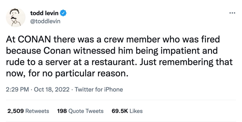 The tweet was composed by a former staffer of Conan's show who employed from 2010 to 2020.