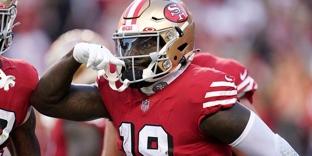 San Francisco 49ers wide receiver Deebo Samuel, #19, celebrates after scoring against the Los Angeles Rams during the first half of an NFL football game in Santa Clara, California, Monday, Oct. 3, 2022. 