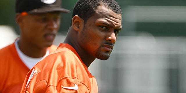 Jul 28, 2022; Berea, OH, USA; Cleveland Browns quarterback Deshaun Watson (4) during training camp at CrossCountry Mortgage Campus.