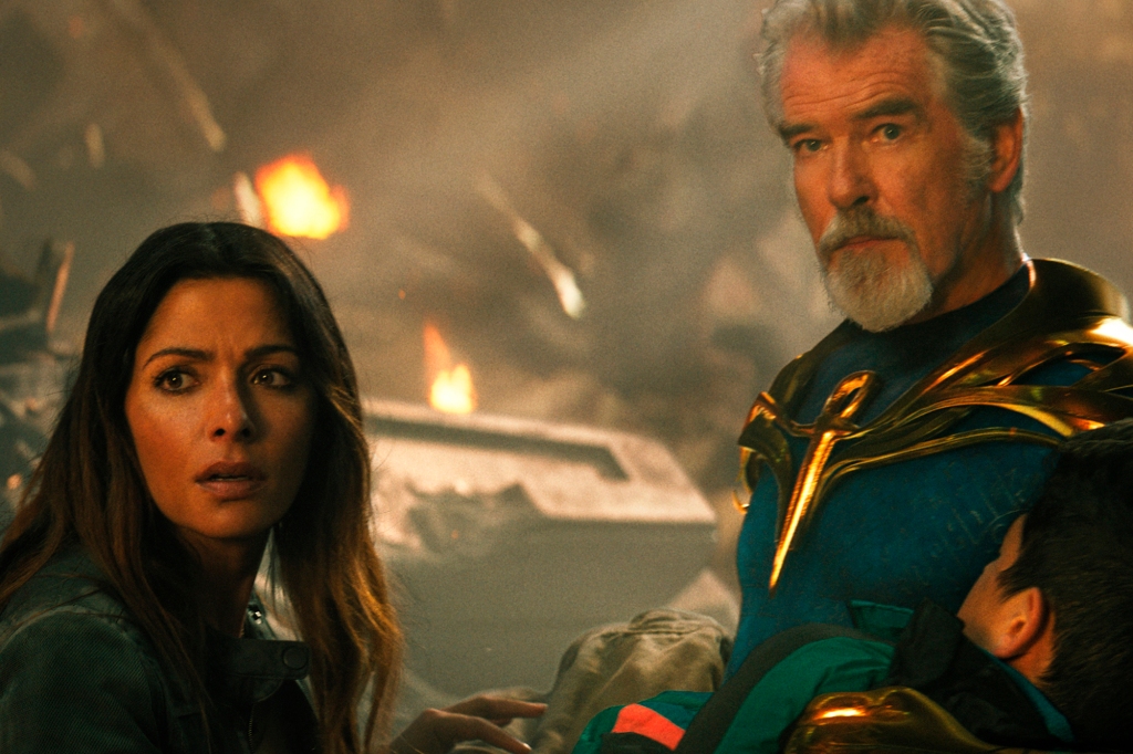 Dr. Fate (Pierce Brosnan, right) is not in the Justice League, no, he's in the Justice Society of America. 