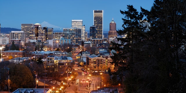 Dusk shot of Portland, Oregon skyline.