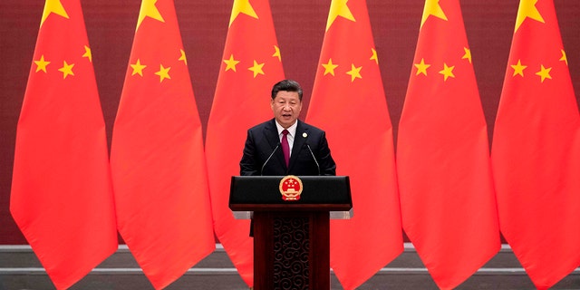 China's President Xi Jinping gives a speech during the welcome banquet for leaders attending the Belt and Road Forum at the Great Hall of the People in Beijing.