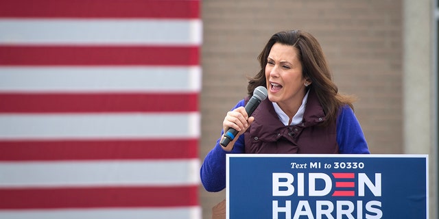 Michigan Gov. Gretchen Whitmer speaks before Democratic Vice Presidential nominee Sen. Kamala Harris, D-California, appears at IBEW Local Union 58 on October 25, 2020, in Detroit, Michigan. 