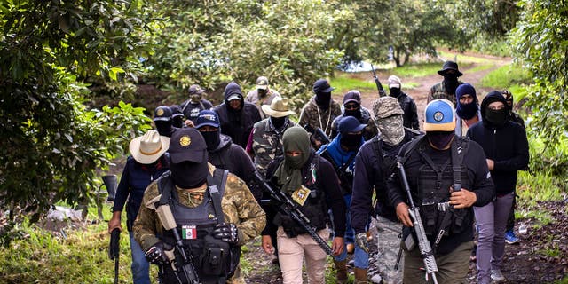 Members of the self-defense group Pueblos Unidos carry out guard duties in protection of avocado plantations, whipped by drug cartels that dominate the area, in Ario de Rosales, state of Michoacan, Mexico, on July 8, 2021. 