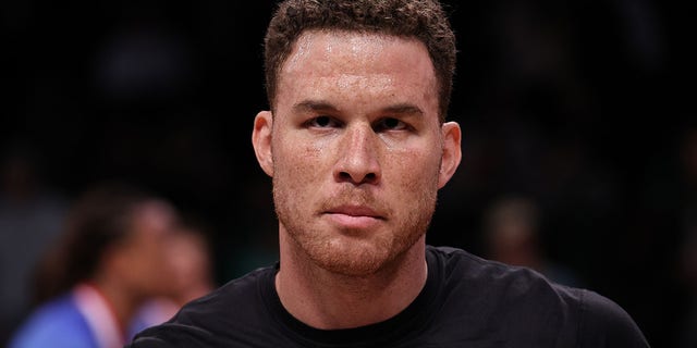 Blake Griffin of Brooklyn Nets warms up before the NBA playoffs against the Boston Celtics at the Barclays Center in Brooklyn April 25, 2022. 