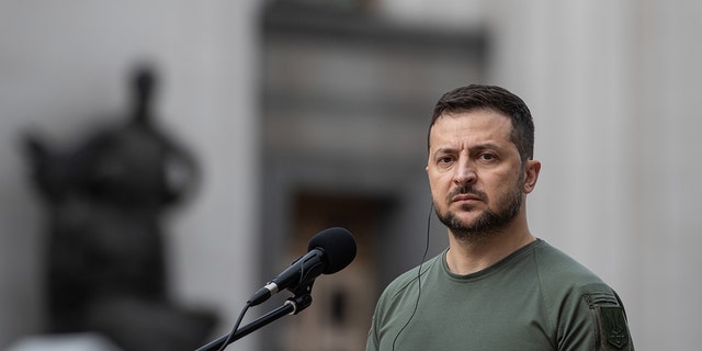 KYIV, UKRAINE - SEPTEMBER 09: Ukrainian President Volodymyr Zelenskyy during his joint press conference on September 9, 2022 in Kyiv, Ukraine. 