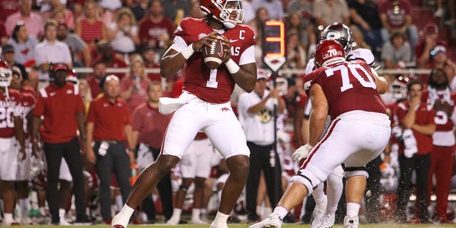 Arkansas Razorbacks quarterback KJ Jefferson (1) drops back to pass during a game between the Missouri State Bears and Arkansas Razorbacks Sept. 17, 2022, at Donald W. Reynolds Razorback Stadium in Fayetteville, Ark. 