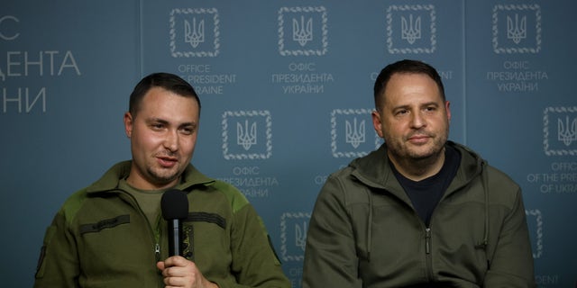 Chief of the Main Intelligence Directorate of the Ministry of Defense of Ukraine Kyrylo Budanov, Head of the Office of the President of Ukraine Andrii Yermak (L to R) are pictured during the briefing on the Return of the Defenders of Ukraine from Russian Captivity, Kyiv, capital of Ukraine, Sept, 22, 2022. 