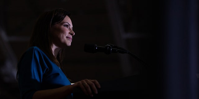 Republican gubernatorial candidate Tudor Dixon addresses the crowd during a Save America rally on October 1, 2022, in Warren, Michigan. 